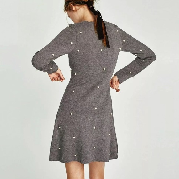 ZARA KNIT COLLECTION SKATER DRESS PEARL BEADS BRAND NEW WITH TAGS SMALL GRAY - Picture 4 of 7